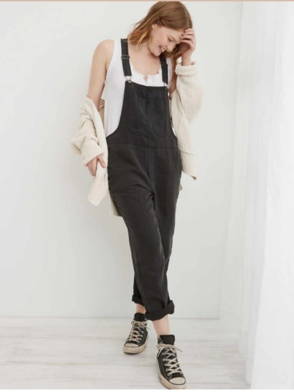 aerie Black Denim Overalls XS Pockets  adjustable straps